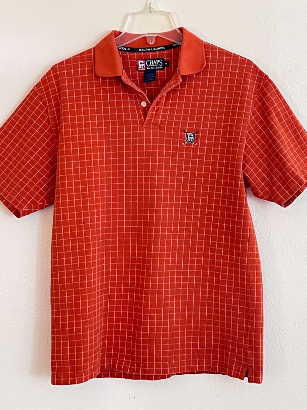 Vintage 90s Chaps Ralph Lauren Golf Shield Polo Shirt Men's M Orange Pattern